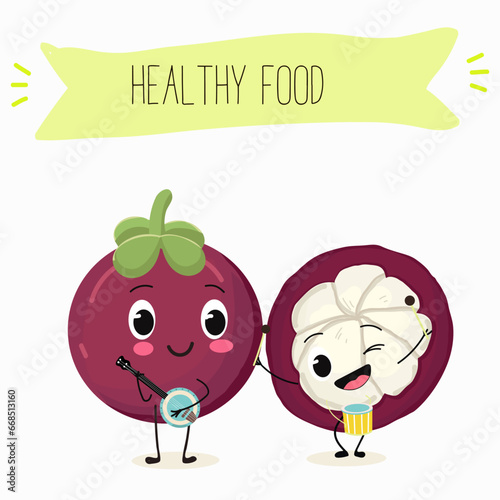 Vector cartoon character mangosteen, funny vegetables, fruits. Fresh harvest, exotic, organic, vegetarian products, children's birthday, price tag, sticker.
