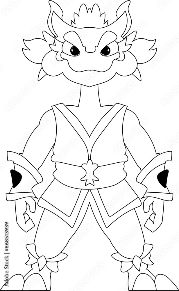 Mystical Shaolin warrior in the form of a Chinese dragon cartoon character. Coloring style Mystical Shaolin warrior in the form of a Chinese dragon cartoon character. Coloring style