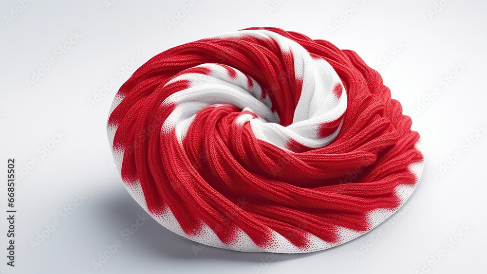 Red and white knitted fabric on a white background.