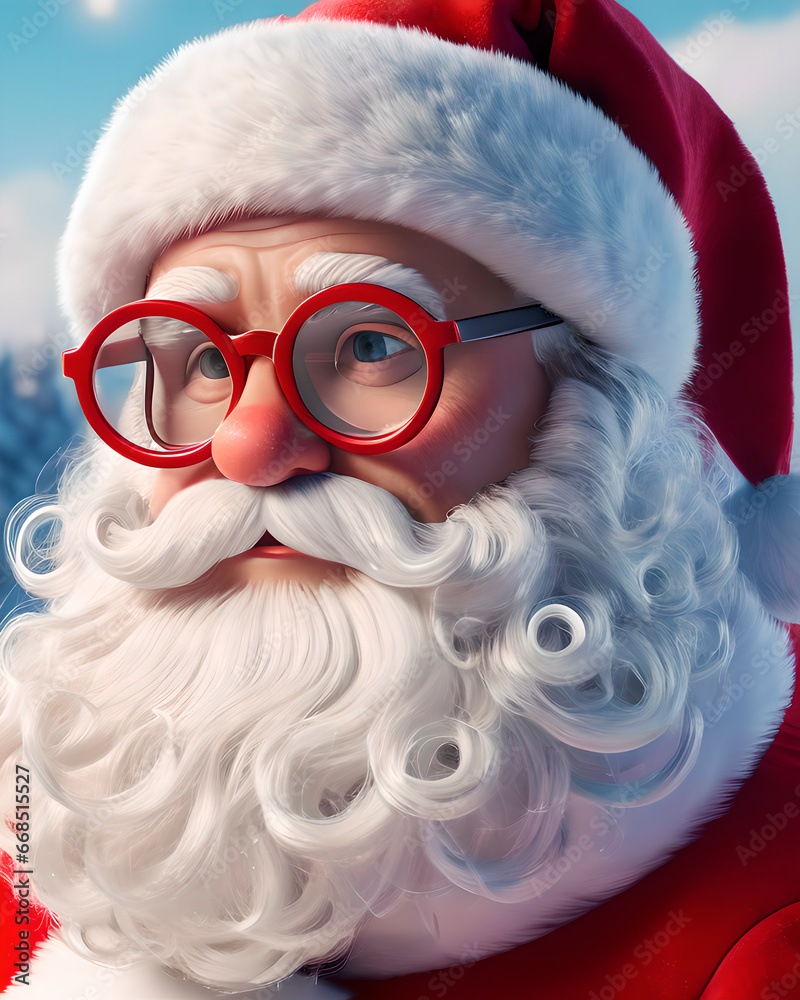 Papá Noel con gafas redondas, personaje de dibujos animados.