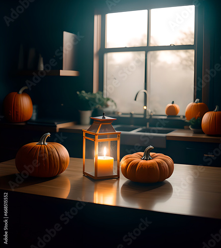 Calabaza de Halloween y vela con niebla alrededor y luz oscura en tonos verdosos y naranjas