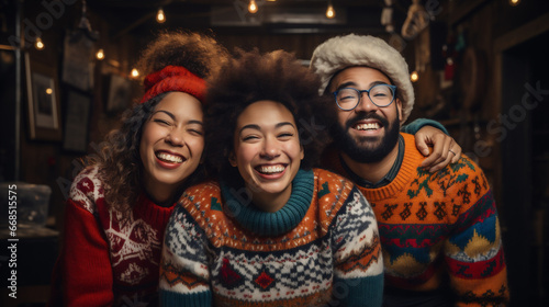 Portrait of happy multicultural friends in warm sweaters and hats laughing and looking at camera