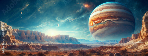 Wide-angle shot of an alien planet landscape with gas giant in sky. Panorama of a desert planet with canyons and strange rock formations. Fantastic extraterrestrial landscape. Sci-fi wallpaper.