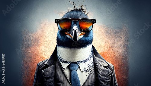 Brillenmode Motiv für Werbung Vorlage Grußkarte Karte Motiv Idee Chef ist cool drauf Pinguin mit Sonnenbrille Tiere lustig und skurril Comic Generative AI 