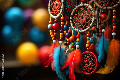 Indian dream catcher with lucky charm hanging among festive decorations, combining vibrant colors