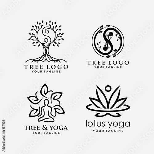 Flat vector set of life logo templates with silhouettes of human and green leaves. Abstract emblems for yoga studio, wellness and medical care center
