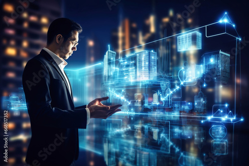 Photo of a businessman with a tablet overlooking the city skyline