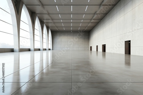 An abstract background image for content creation, presenting a spacious, sunlit hall with an empty and minimalist aesthetic, characterized by concrete surfaces. Photorealistic illustration