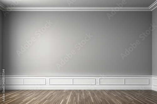 An abstract background image, featuring a gray wall adorned with white baseboards and white crown molding, offering a versatile backdrop for customization. Photorealistic illustration © DIMENSIONS