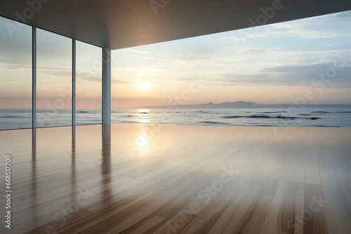 An abstract background image creates a surreal atmosphere with a room that opens to the vast expanse of the ocean, making it a unique setting for creative content. Photorealistic illustration