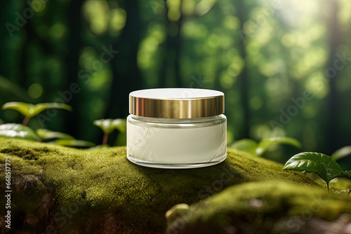 3D mockup of spa cream jar inside a lush forest, in harmony with the beauty of nature © IonelV