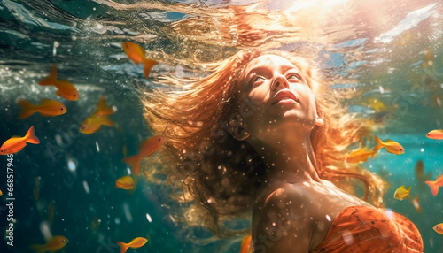 A young woman enjoys underwater fun, smiling in nature beauty generated by AI