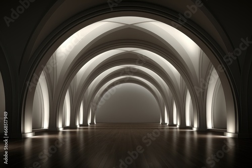 An abstract background image showcases a hall with illuminated arches, creating a visually stunning and inspiring backdrop for creative content. Photorealistic illustration