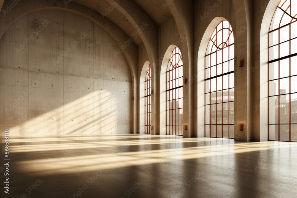 Within a large hall featuring an arched roof and grand arched windows, an abstract background image offers a majestic and inspiring backdrop. Photorealistic illustration