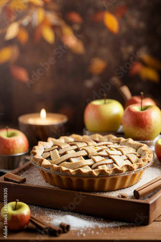 Sweet apple pie with sugar with apples in the blur background. Thanks Giving