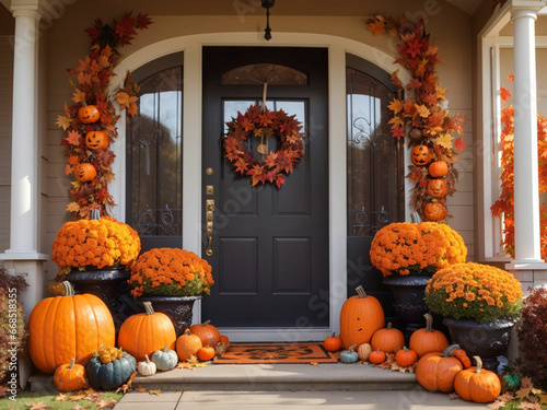 Thanks giving decorated house door with pumpkins and flowers.