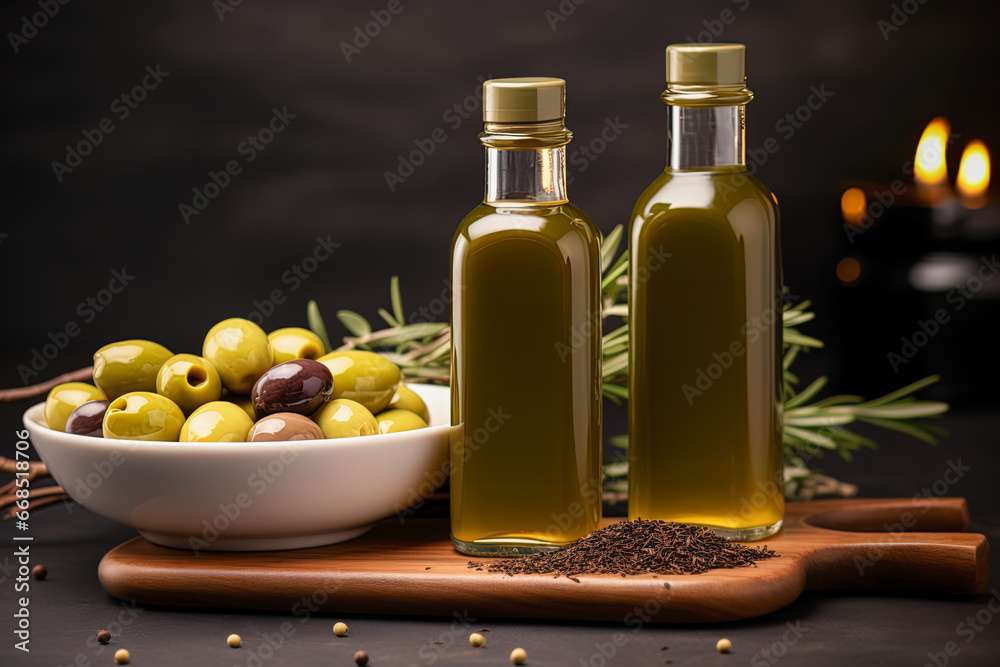 Mock up with plump green olives and bottle of premium olive oil