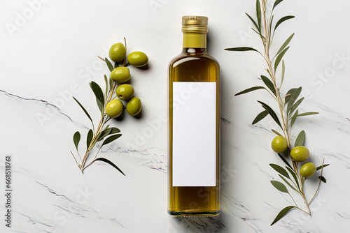 Mock up with plump green olives and bottle of premium olive oil photo