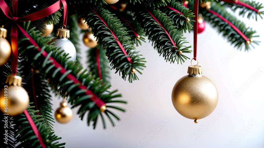 Christmas tree with ornaments, close-up. Holidays concept. Merry Christmas
