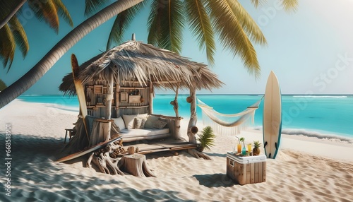 Pristine Beach Cabana with Hammock, Surfboards, and Tropical Drinks Cooler