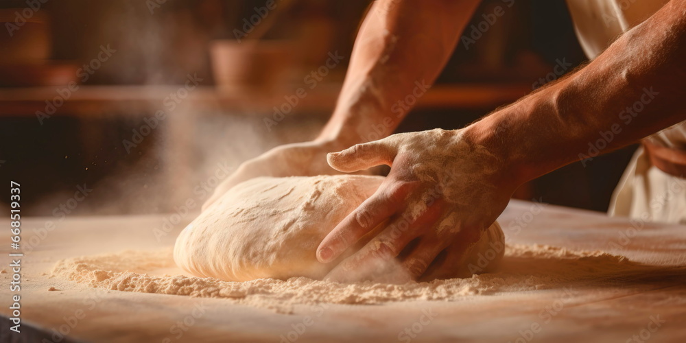 Fototapeta premium Close-up shots of a baker's hands expertly kneading dough, shaping bread .