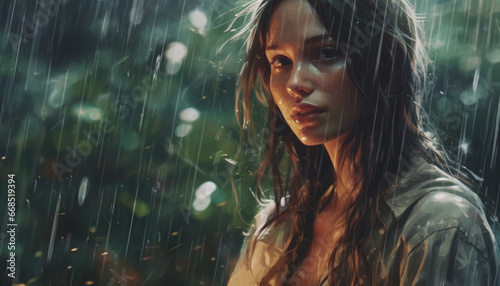 A beautiful young woman in the rain, looking fresh and happy generated by AI