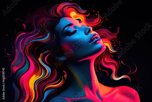 Minimalist neon lit psychedelic female illustration in bright colors against a black background.