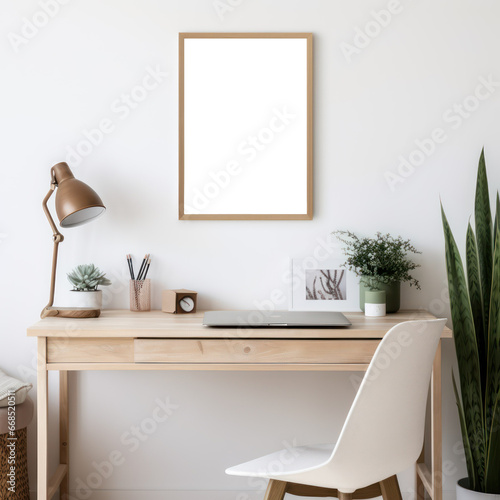 Home workplace, work from home, wooden chair and desk near white wall with blank mockup poster frame. Transparent png © Gasi