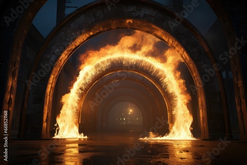 Ancient Stone Arches with Torch Flame: Classic Architecture