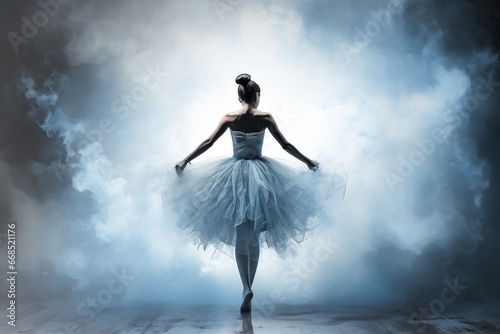 Ballerina silhouette in a fluffy dress on stage in clouds of smoke and spotlights. Generated by artificial intelligence