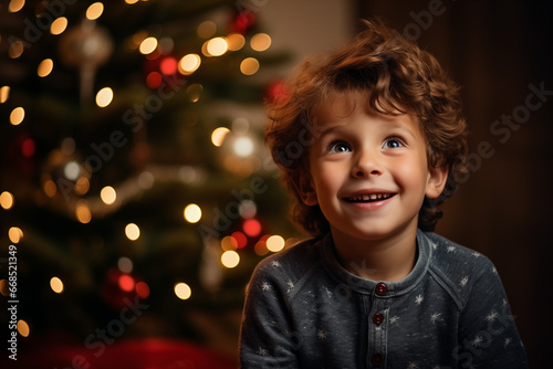 a young boy holding a present box in front of a christmas tree