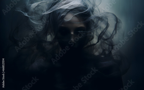 Dark, horror ethereal depiction of a woman enveloped in darkness, portraying the depth and mystery of emotional despair and depression.