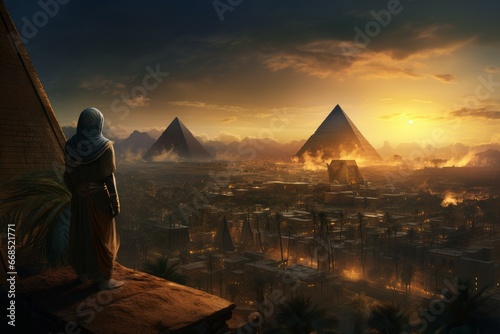Bustling Person man egyptian city. Architecture stone tomb. Generate AI