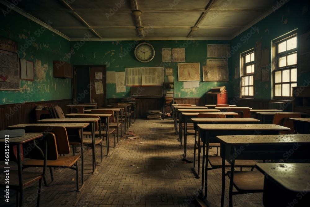 Dusty Empty classroom. Desk table school. Generate Ai
