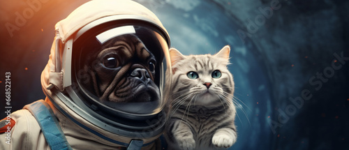 Funny dog and cat astronaut in space suits hug