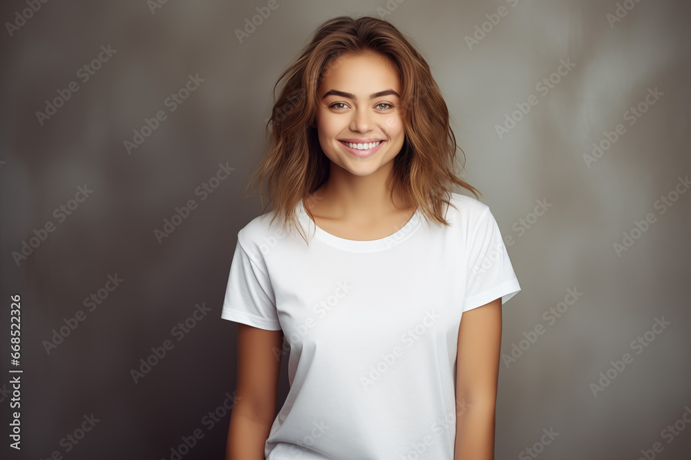 a smiling model wearing a plain white t-shirt in a beige color studio background a smiling model wearing a plain white t-shirt in a beige color studio background