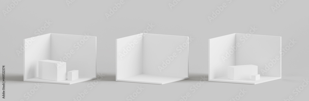 Isometric empty white room of home or office and exhibition booth stands 3d render icons set. Mockup blank corner showroom, museum or art gallery with wall, floor and podium display. 3D illustration