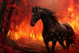 Fleet-footed Fire horse in night forest. Fog fantasy night. Generate Ai