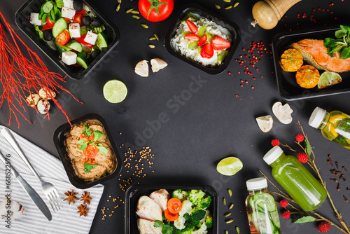A top view of a set of a healthy food and drinks in a black plastic containers on a black backbackground