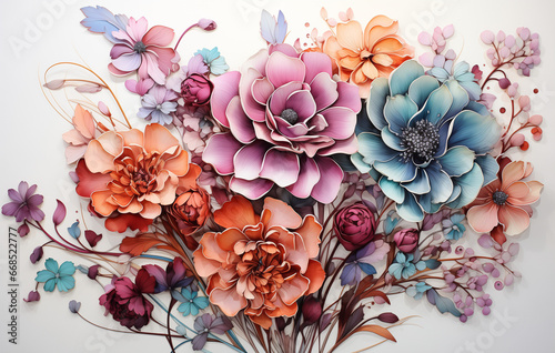 Colorful Composition  Lovely and Colorful Watercolor Flowers in Light Red and Dark Aquamarine  Light Orange and Purple