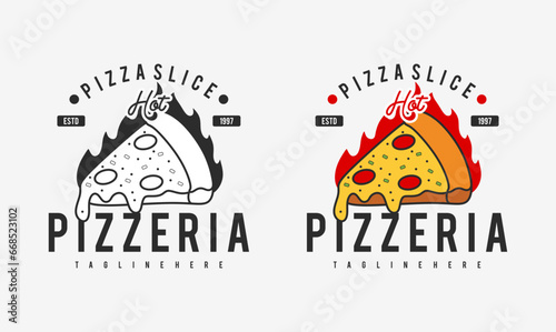  hot pizzeria restaurant vintage logo design. pizza slice symbol for food drink and restaurant.