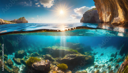 Split Underwater View with Sunny Sky Above