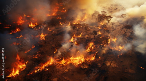 Drone View of Burning Forest - Wildfire Devastation, Global Warming, and Climate Change Concept, Aerial Perspective of an Environmental Disaster © SueFox