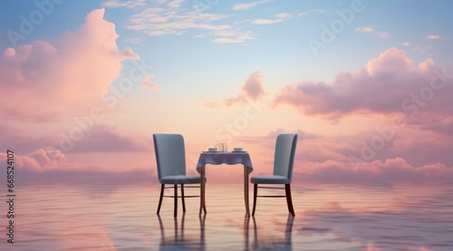 Fluffy table with chairs posing on the top of the water lake river or sea  in dreamy surreal landscape setup with pastel clouds and sky. Romantic love concept.