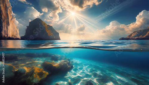 Split Underwater View with Sunny Sky Above