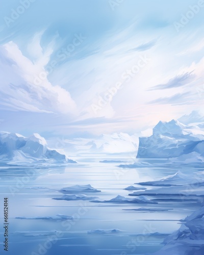 Fluffy glaciers on the top of the water lake river or sea, in a dreamy surreal landscape setup with pastel clouds and sky. © Glittering Humanity