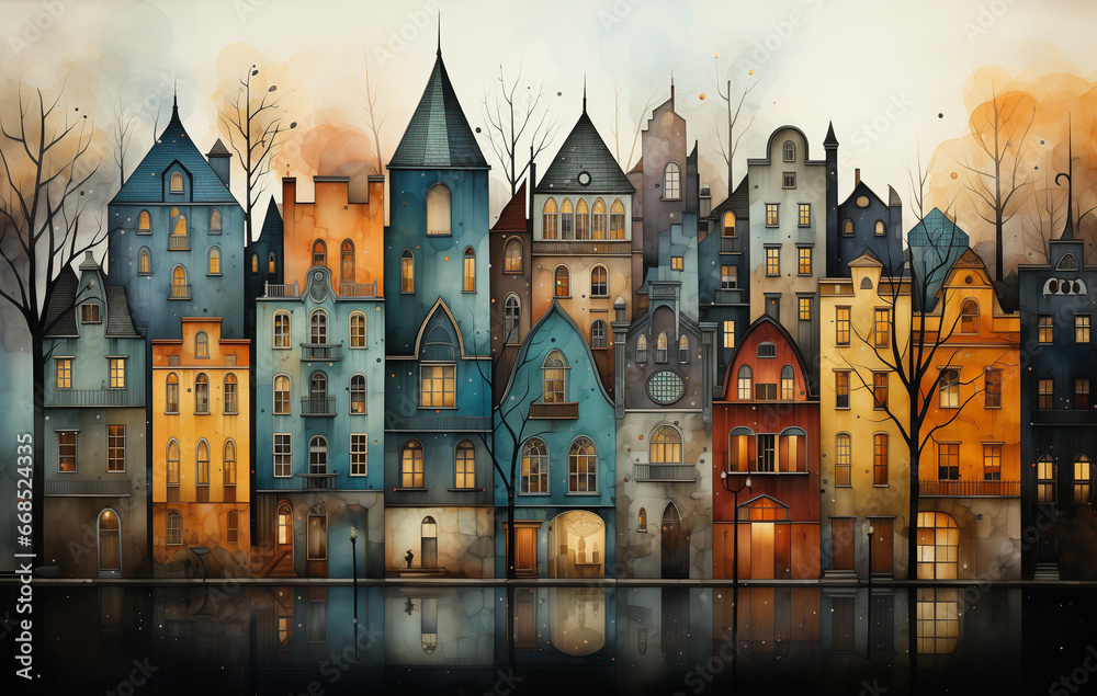 Bold and Elegant Watercolor Cityscape: Architectural Masterpieces in Light Gold, Dark Silver, Teal, and Raspberry Tones, a Lovely and Colorful Urban Artwork