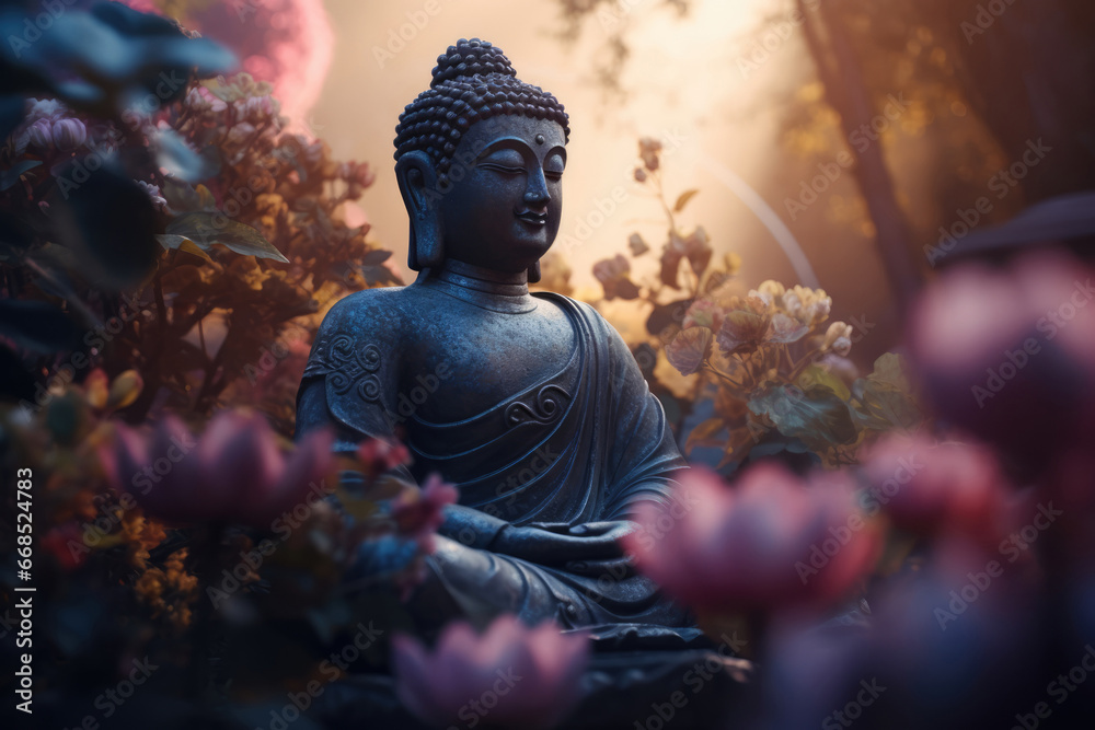 Buddha Statue and Pink Lotus Flowers. Buddha Purnima, Vesak day background