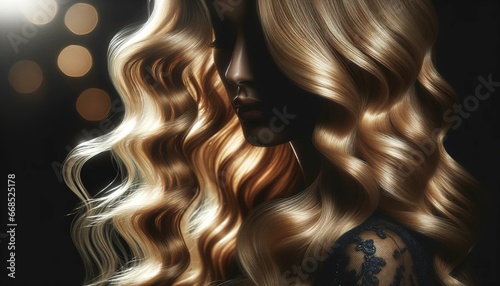 Beauty woman with luxurious straight blonde hair. Radiant blonde waves in ethereal glow