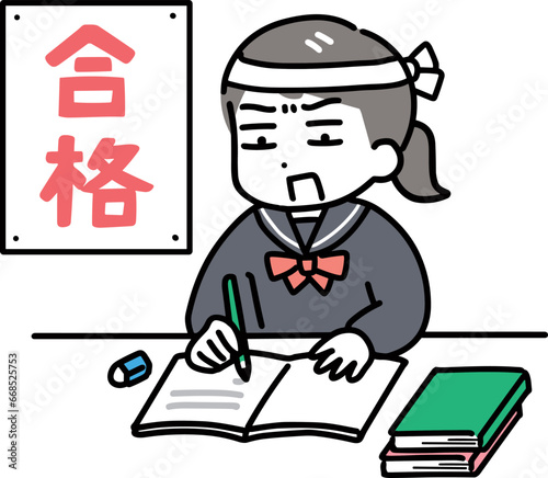はちまきを巻いて猛勉強するセーラー服の女の子
